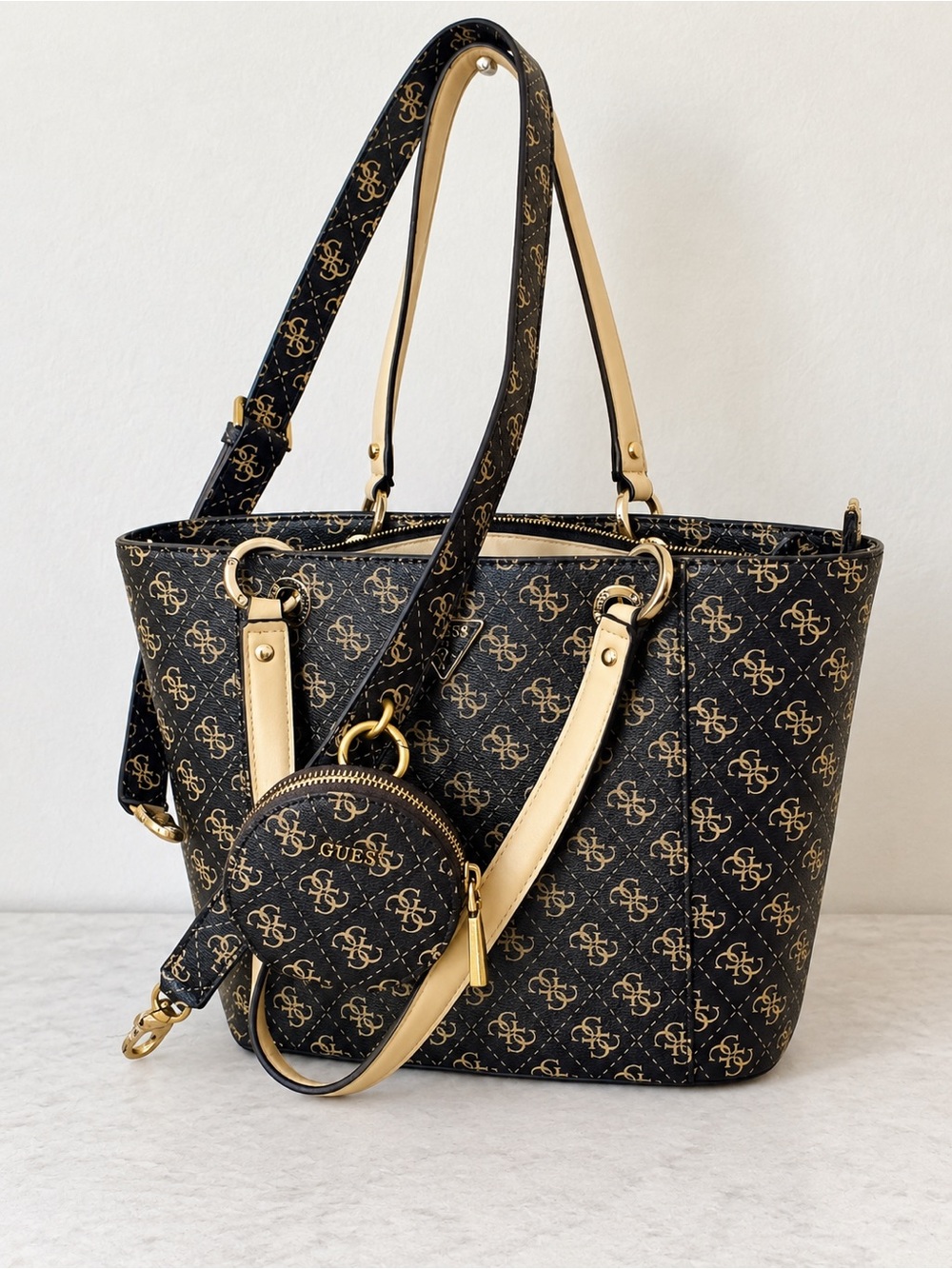 GUESS Black and Tan Signature Logo Tote with Coin Pouch